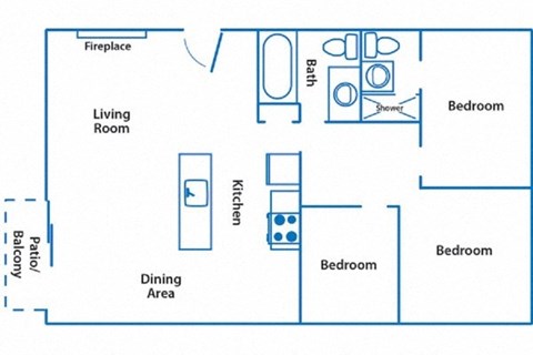 Floor plan for 3 beds, 2 baths, 1076 sqft